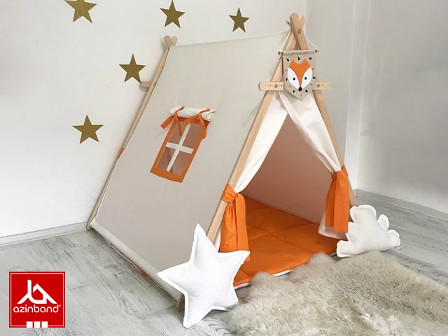 چادر بازی کودک طرح کلبه به رنگ نارنجی سفید