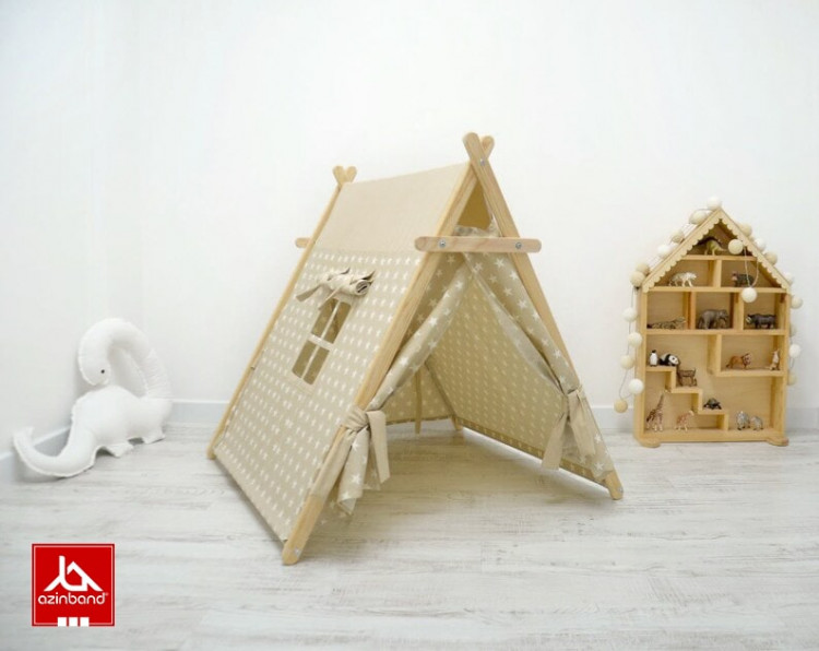 چادر بازی کودک طرح کلبه طرح ستاره با زمینه نسکافه ای - شماره 4