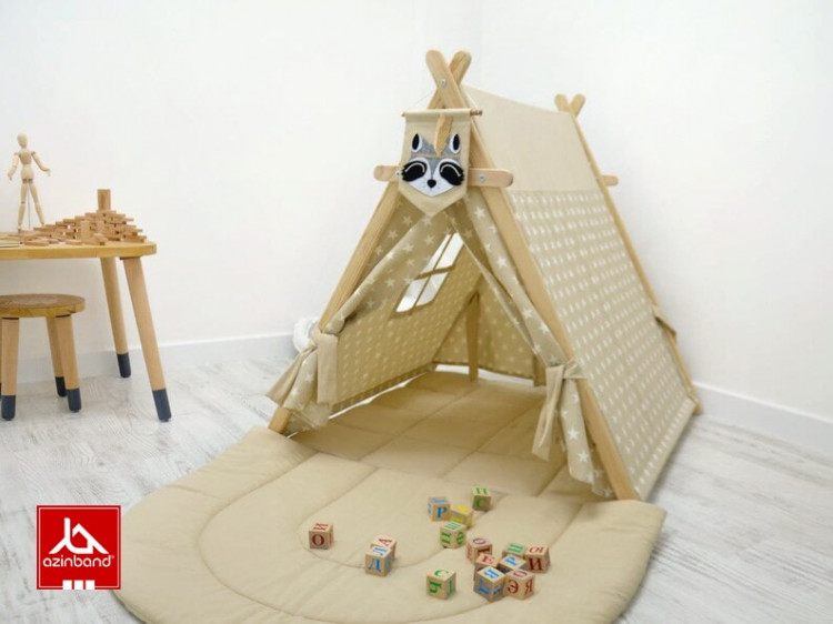 چادر بازی کودک طرح کلبه طرح ستاره با زمینه نسکافه ای - شماره 1