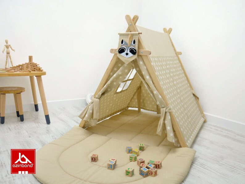 چادر بازی کودک طرح کلبه طرح ستاره با زمینه نسکافه ای