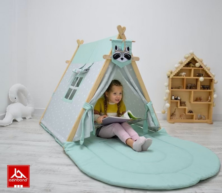 چادر بازی کودک طرح کلبه طرح ستاره با زمینه فیروزه ای - شماره 0