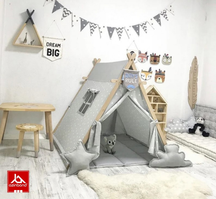 چادر بازی کودک طرح کلبه ستاره ای با زمینه خاکستری - شماره 1