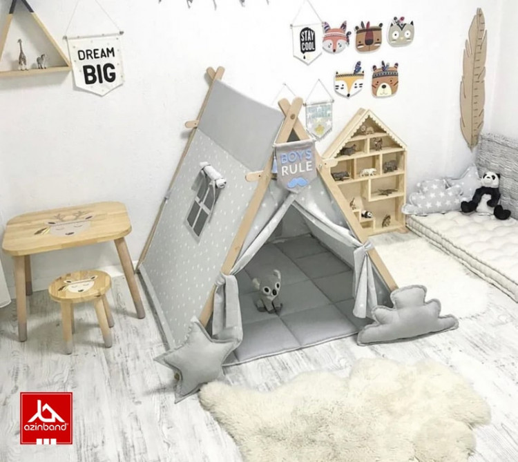 چادر بازی کودک طرح کلبه ستاره ای با زمینه خاکستری - شماره 3