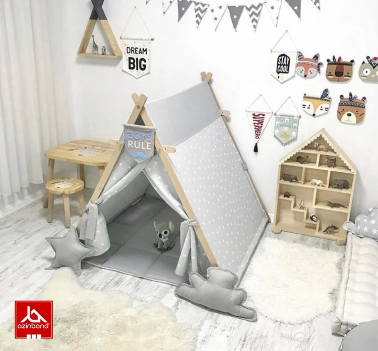 چادر بازی کودک طرح کلبه ستاره ای با زمینه خاکستری - شماره 2