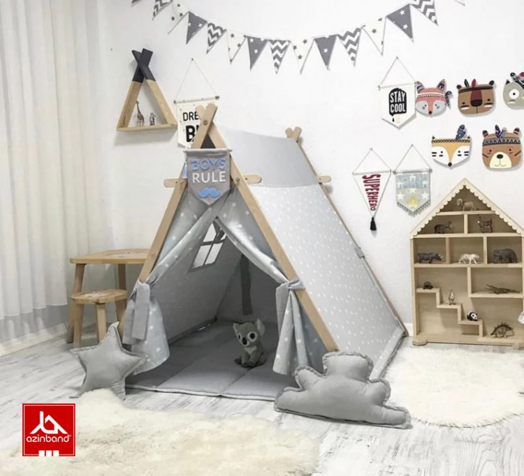 چادر بازی کودک طرح کلبه ستاره ای با زمینه خاکستری - شماره 0