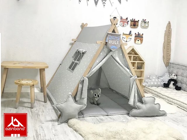 چادر بازی کودک طرح کلبه ستاره ای با زمینه خاکستری